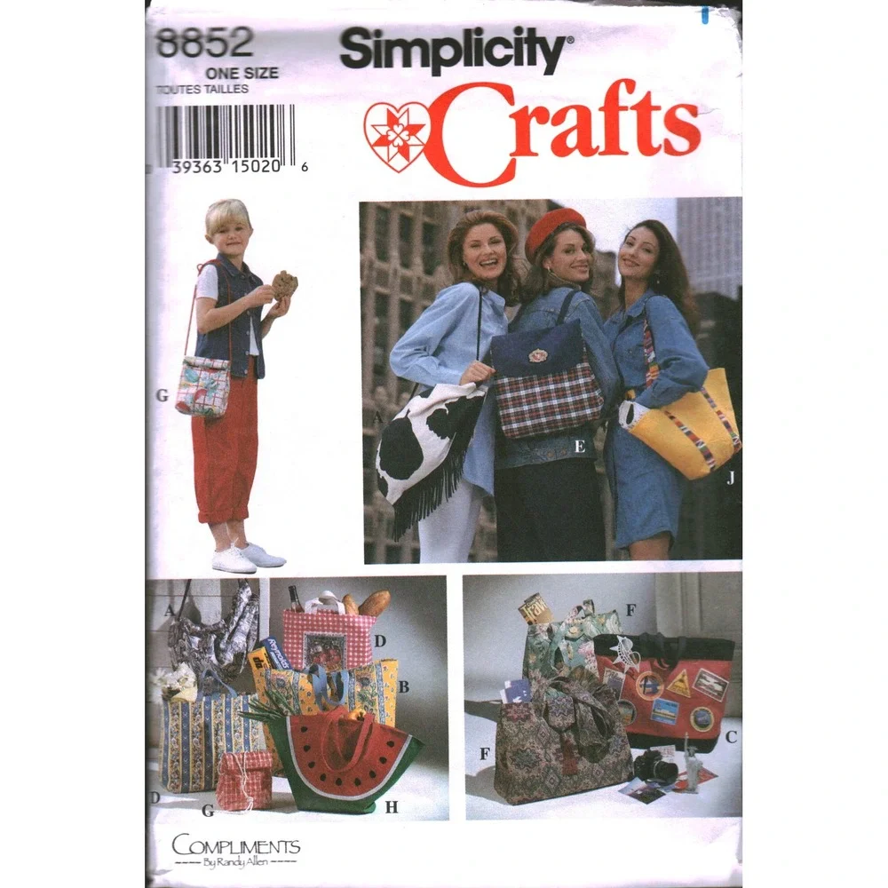 Simplicity 8852 Sewing Pattern Handbags Backpack Tote Lunch Bag Randy Allen 90s